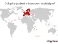 Mapa świata z zaznaczonymi miejscami, gdzie można podróżować bez paszportu: Europa, wyspy na Atlantyku, Karaiby, Reunion, Majotta, Nowa Kaledonia, Polinezja Francuska.