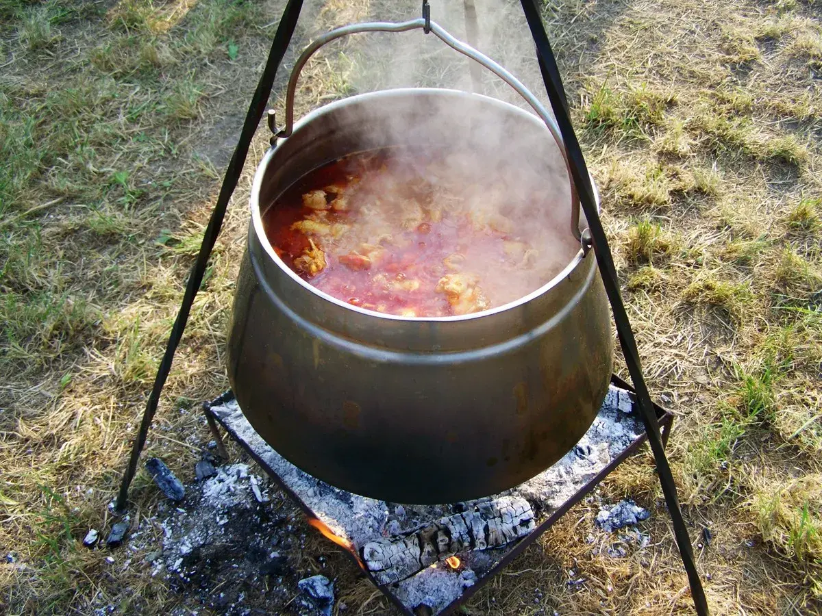 Pyszne dania z kociołka żeliwnego przepisy na ognisku. Gorący gulasz paruje, kusząc aromatem.