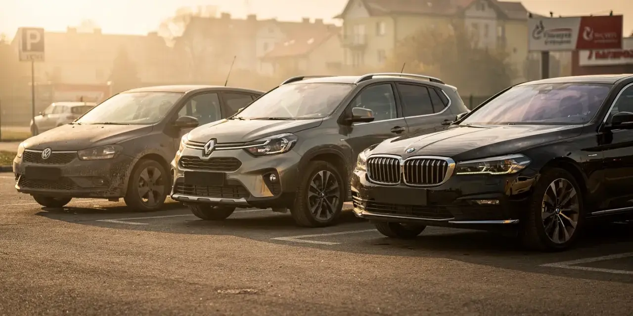 Trzy samochody: ciemny Volkswagen, zielony Renault i czarny BMW, zaparkowane na placu. Wszystkie bez prawa rejestracji.