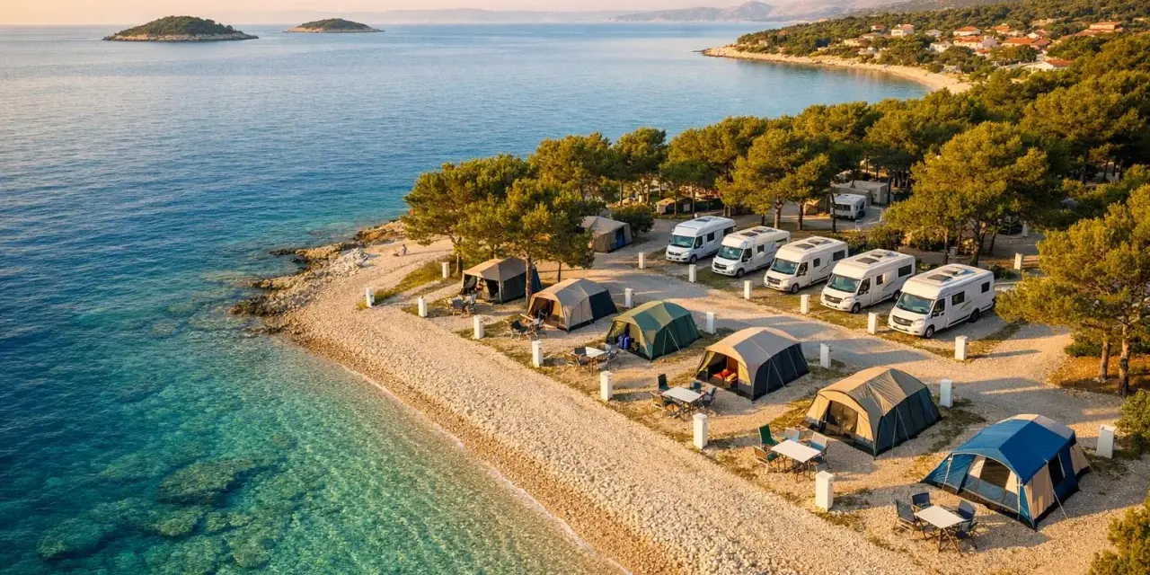 Idealny camping Chorwacja: namioty i kampery nad krystalicznie czystym morzem, wśród sosen. Słońce zachodzi nad wyspami.