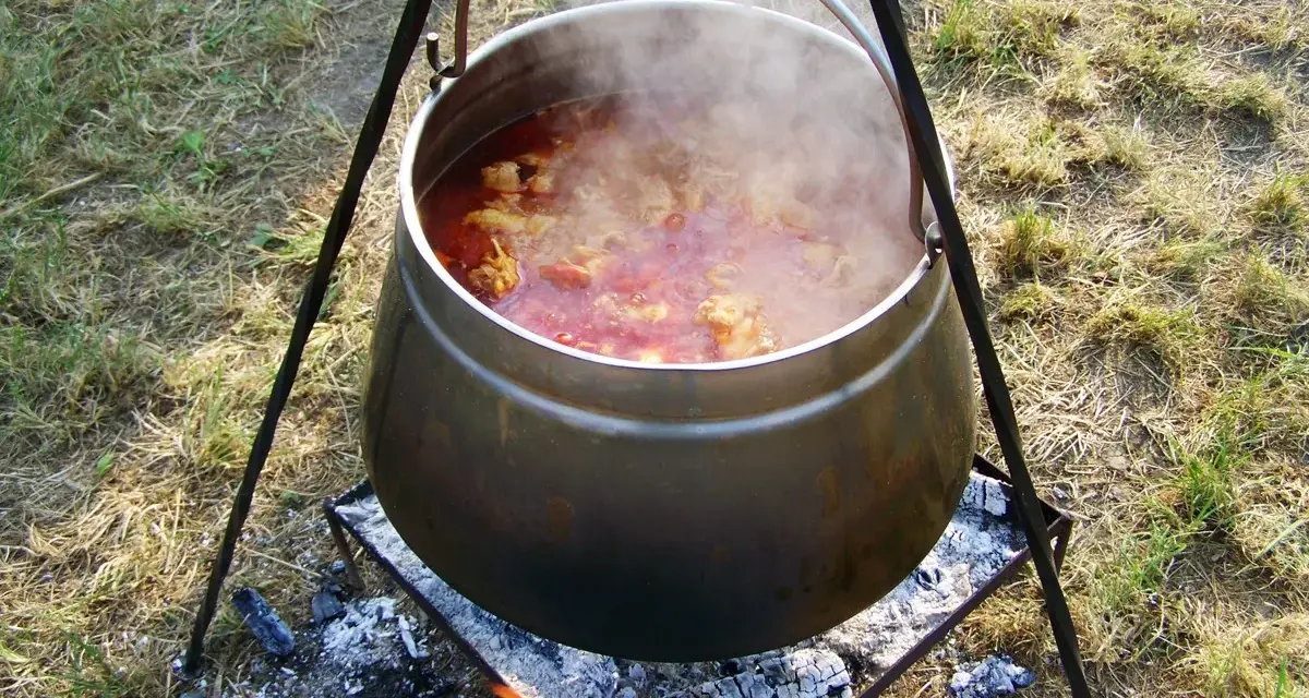 Pyszne dania z kociołka żeliwnego przepisy na ognisku. Gorący gulasz paruje, kusząc aromatem.