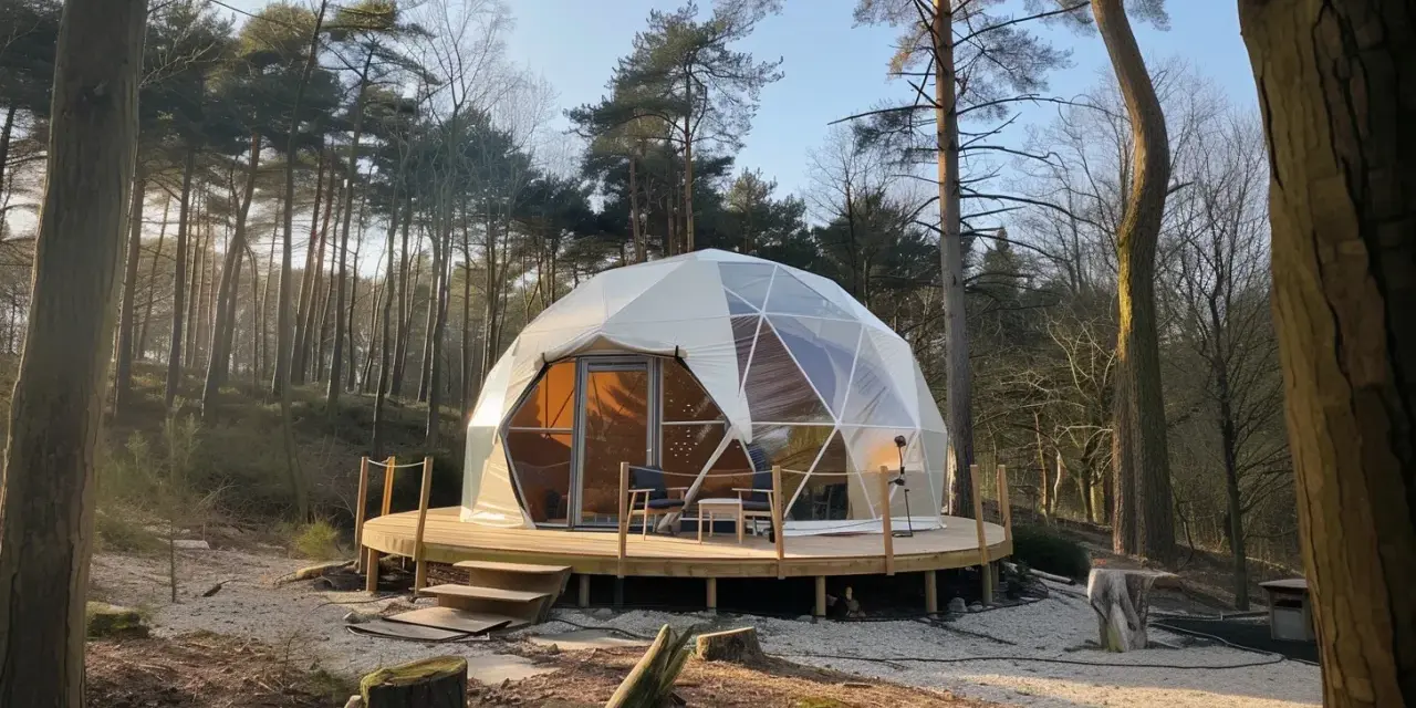 Domek w lesie, czyli glamping co to? Luksusowy nocleg w namiocie geodezyjnym na drewnianym tarasie.