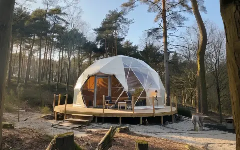 Domek w lesie, czyli glamping co to? Luksusowy nocleg w namiocie geodezyjnym na drewnianym tarasie.