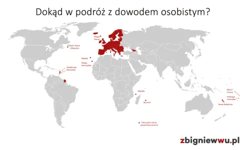 Mapa świata z zaznaczonymi miejscami, gdzie można podróżować bez paszportu: Europa, wyspy na Atlantyku, Karaiby, Reunion, Majotta, Nowa Kaledonia, Polinezja Francuska.