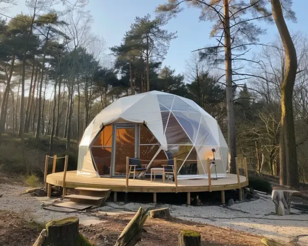 Domek w lesie, czyli glamping co to? Luksusowy nocleg w namiocie geodezyjnym na drewnianym tarasie.