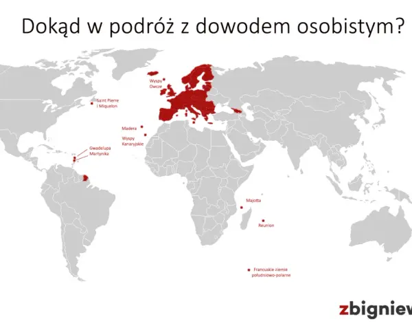 Mapa świata z zaznaczonymi miejscami, gdzie można podróżować bez paszportu: Europa, wyspy na Atlantyku, Karaiby, Reunion, Majotta, Nowa Kaledonia, Polinezja Francuska.