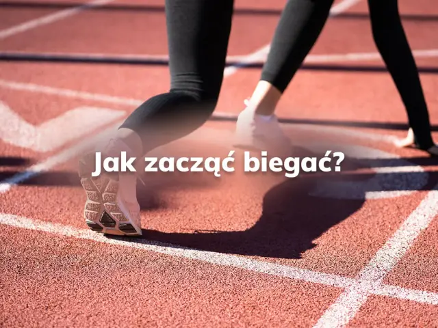 Nogi biegacza na bieżni. Tekst "Jak zacząć biegać?" zachęca do aktywności.
