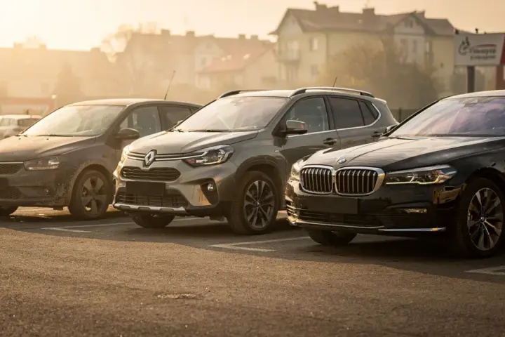 Trzy samochody: ciemny Volkswagen, zielony Renault i czarny BMW, zaparkowane na placu. Wszystkie bez prawa rejestracji.