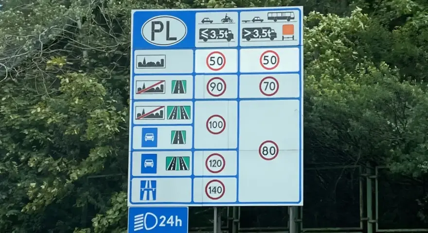 Znak drogowy w Polsce. Samochody osobowe z przyczepą 100 km/h, ciężarówki 70 km/h. Ograniczenia prędkości w zależności od terenu i pojazdu.