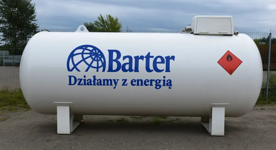 Duży, biały zbiornik na gaz butan z logo "Barter" i ostrzeżeniem o łatwopalności.