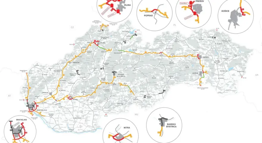 Słoneczna Słowacja: mapa dróg z zaznaczonymi autostradami i tunelami, pokazująca główne miasta jak Bratysława, Żylina, Koszyce.