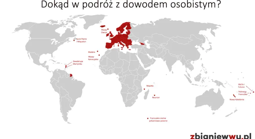 Mapa świata z zaznaczonymi miejscami, gdzie można podróżować bez paszportu: Europa, wyspy na Atlantyku, Karaiby, Reunion, Majotta, Nowa Kaledonia, Polinezja Francuska.