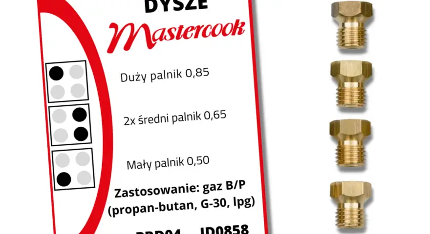 Dysze Mastercook do kuchenki gazowej na czysty propan-butan. Zestaw zawiera dysze do dużego, średnich i małego palnika.