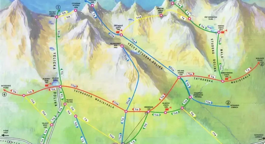 Tatry Słowackie: szlaki dla średnio zaawansowanych. Mapa turystyczna z zaznaczonymi trasami, dolinami i schroniskami.