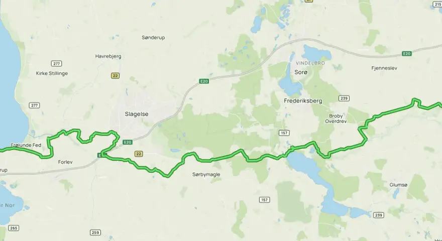 Trasa rowerowa przez Zelandię w Danii, od wybrzeża koło Korsør przez Slagelse, Sorø, aż do okolic Ringsted.