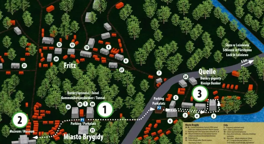 Mapa kompleksu bunkrów w Mamerkach z zaznaczonymi obiektami, muzeami i parkingami.