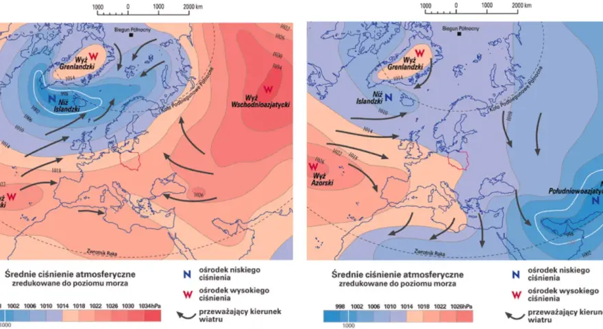 Dwie mapy pokazują rozkład średniego ciśnienia atmosferycznego nad Europą i Arktyką. Widoczne są układy wysokiego i niskiego ciśnienia oraz kierunki wiatru.