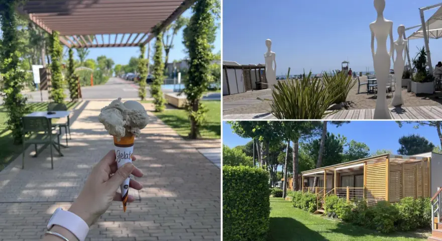 Lody na patyku i plażowe rzeźby na Marina di Venezia Camping. W tle widać domki kempingowe i alejkę.