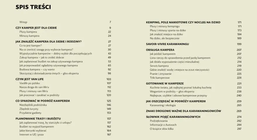 Spis treści: co zabrać do kampera, jak znaleźć kampera, planowanie trasy i budżetu, gotowanie w kamperze, niezbędnik podróżnika.