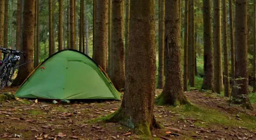 Zielony namiot i rowery czekają na odkrywców w lesie. Idealne miejsce na biwak, prawdziwy pole namiotowe Bieszczady.