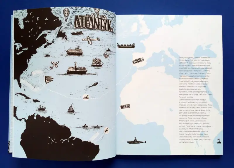 Mapa Atlantyku z trasami podróży: statki, samoloty, żaglowce, łodzie podwodne. Aleksander Doba przepłynął ocean dwukrotnie.