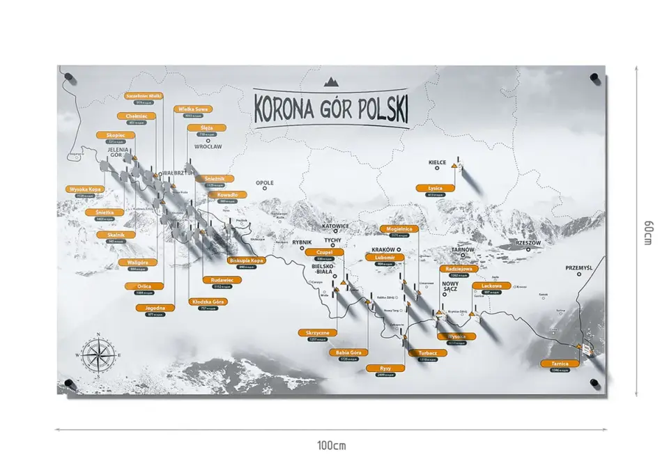 Mapa przedstawia trasę Korony Gór Polskich z zaznaczonymi szczytami i ich wysokościami.